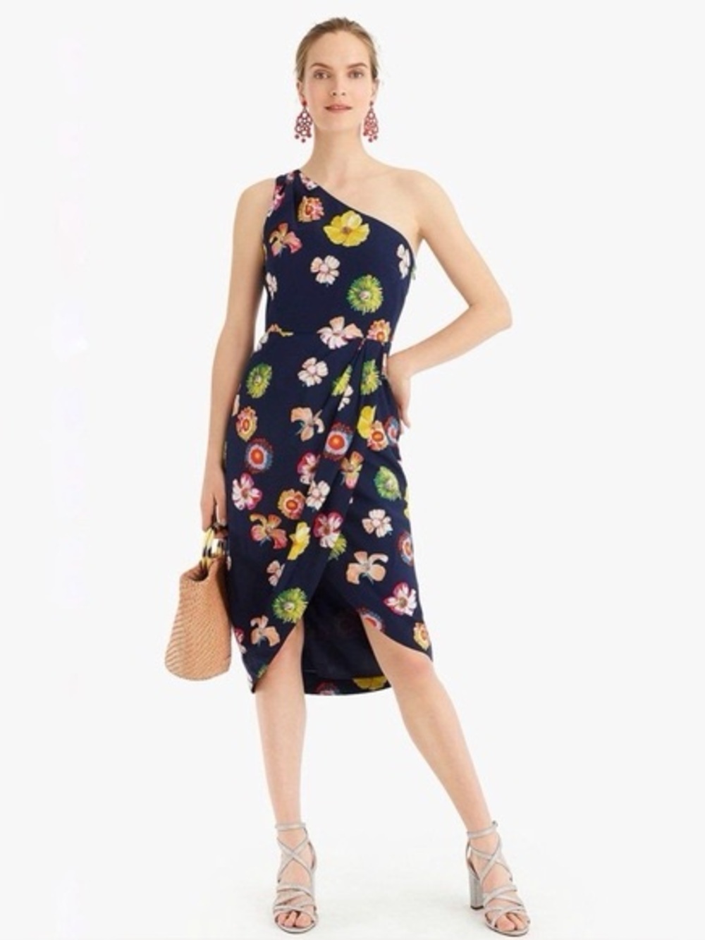 J. Crew Navy Silk One-Shoulder Floral Wrap Dress (121)